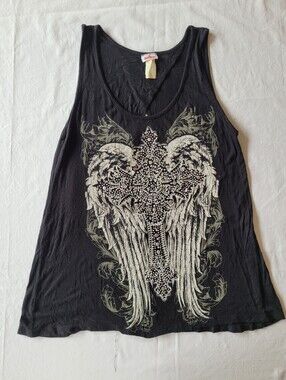 Vtg Bling Bling Black Graphic Angel Wing Tank Top Size M